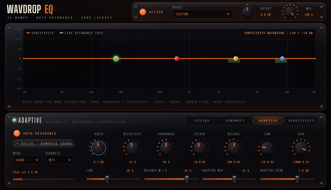 WavDrop EQ showing Adaptive resonance suppression with Hard mode, M/S channels, stereo Link and Mix controls.